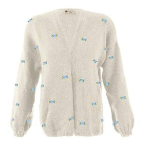 Fanm Mon Hand Knit Blue Rose Cardigan Cotton Sweater | Womens XS S NEW - Picture 3 of 15